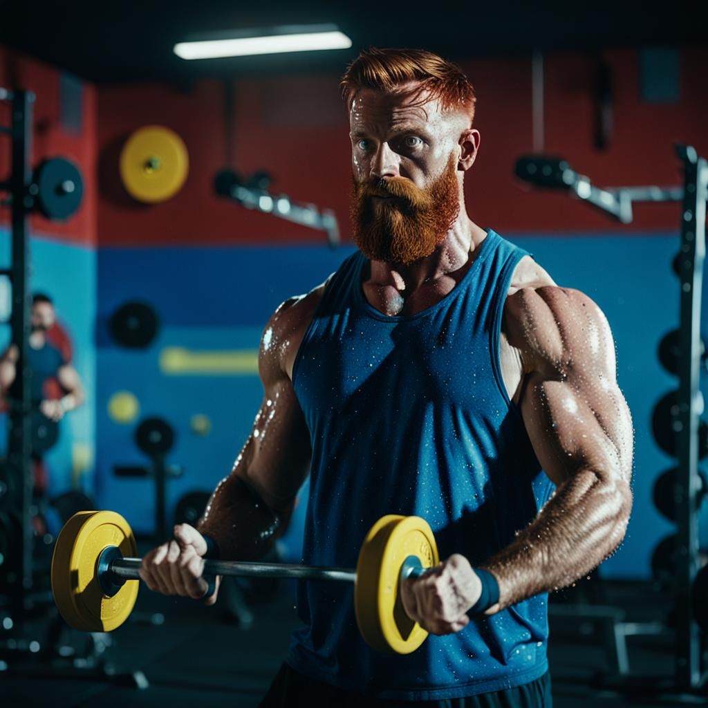 A red haired man with a beard; lifting weights in a gym