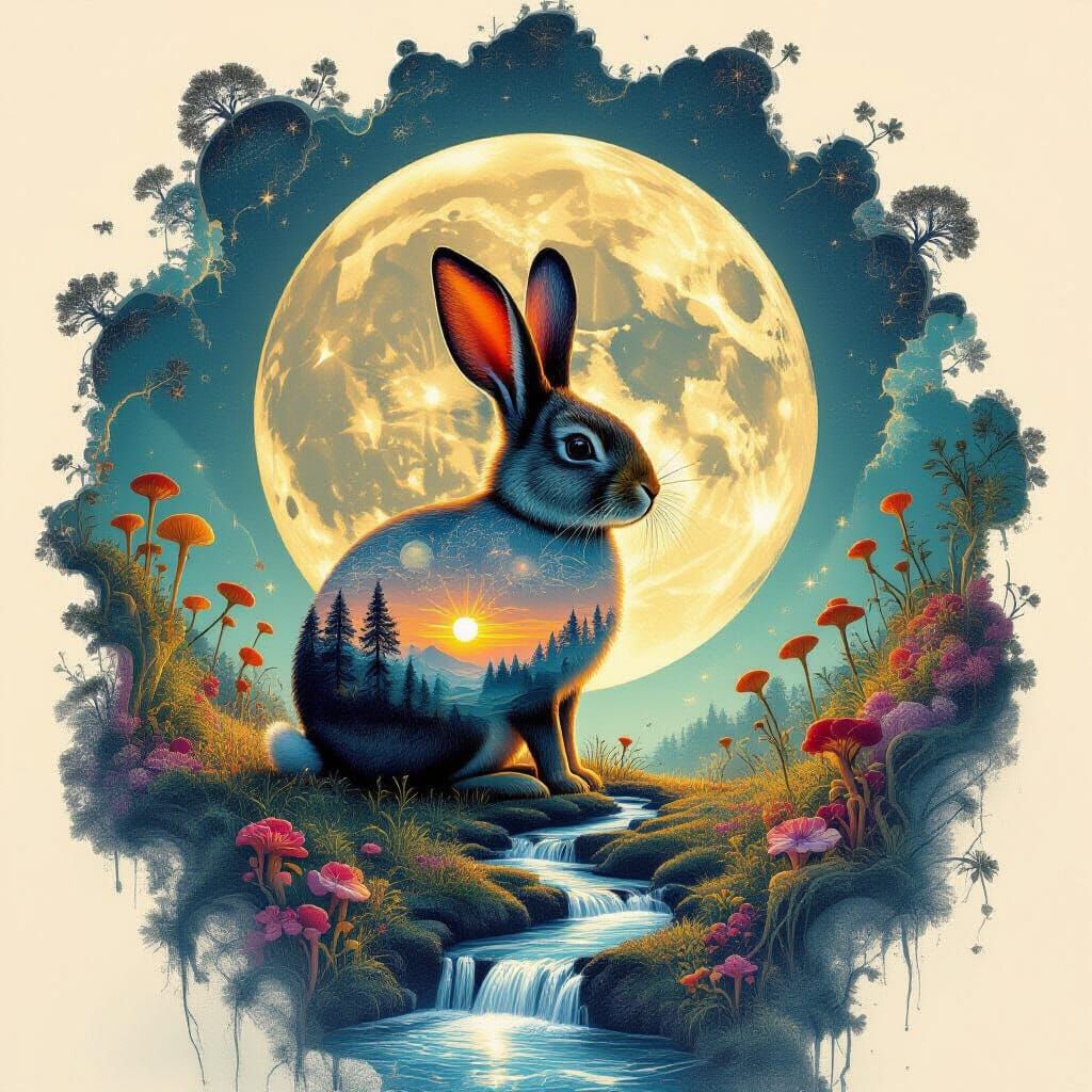 Double exposure surrealism, the silhouette of a rabbit filled with the layered form of the moon, soft ...  by @Medea