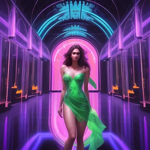 A beautiful woman in a neon dress reflected in a hall of mir...