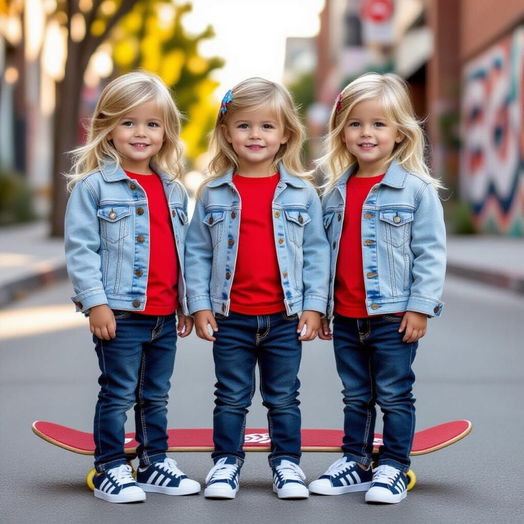 Identical Triplets with Skateboard in Realistic Style