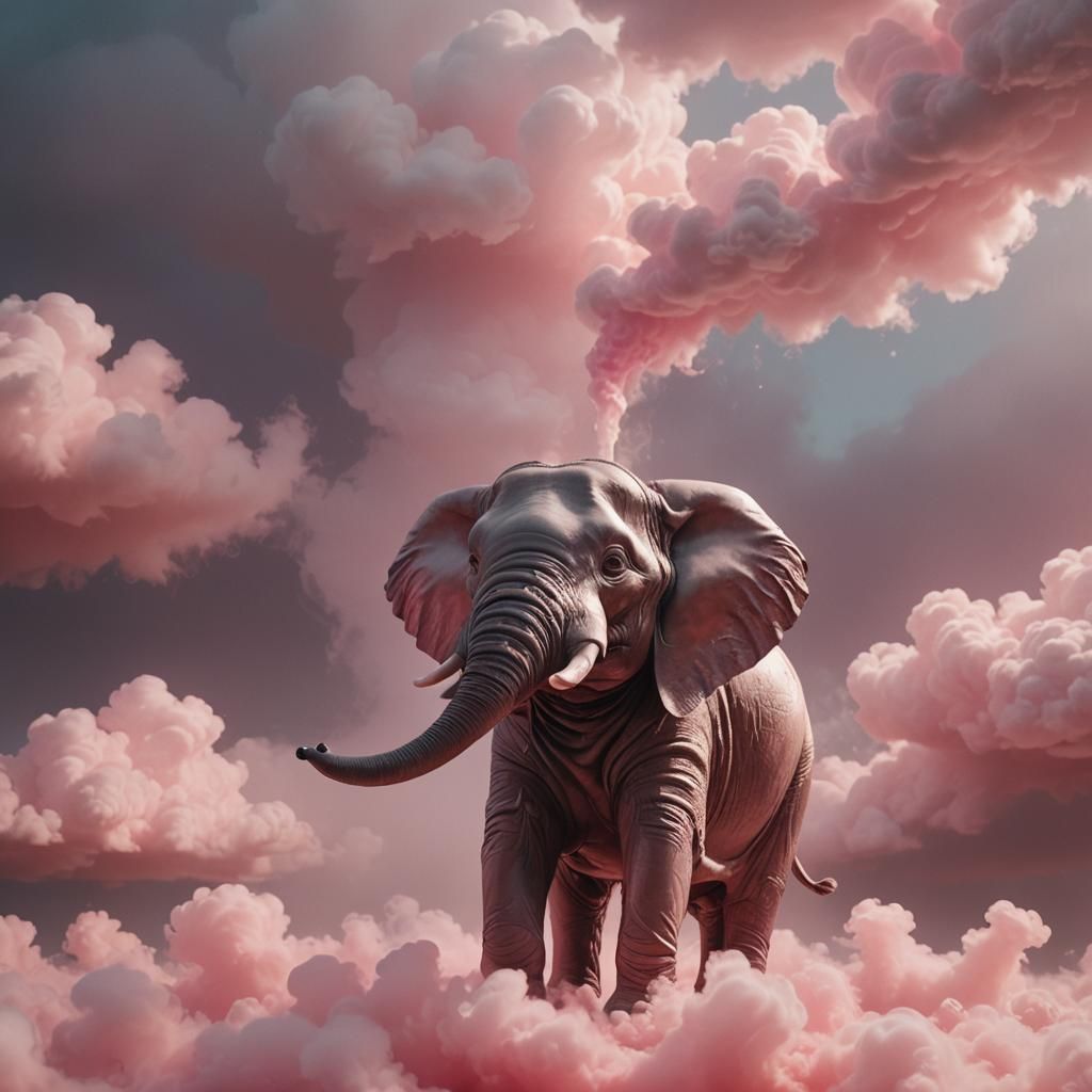 Glass Elephant Sculpture in Pink Clouds