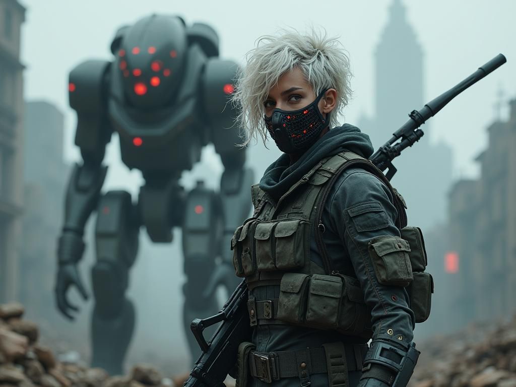 (8K, photorealistic　Raw photography　superior quality;) full body, curly short Hair Girl Soldier gun style in the background, beautiful eyes...