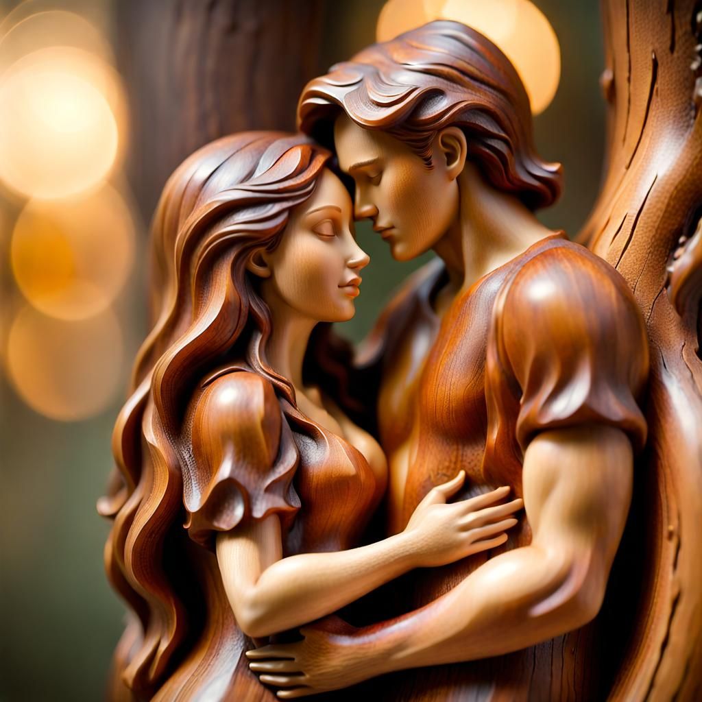 An embracing couple, carved on a trunk