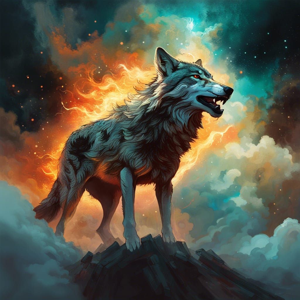 wolf fire breathing rising into the sky - AI Generated Artwork ...