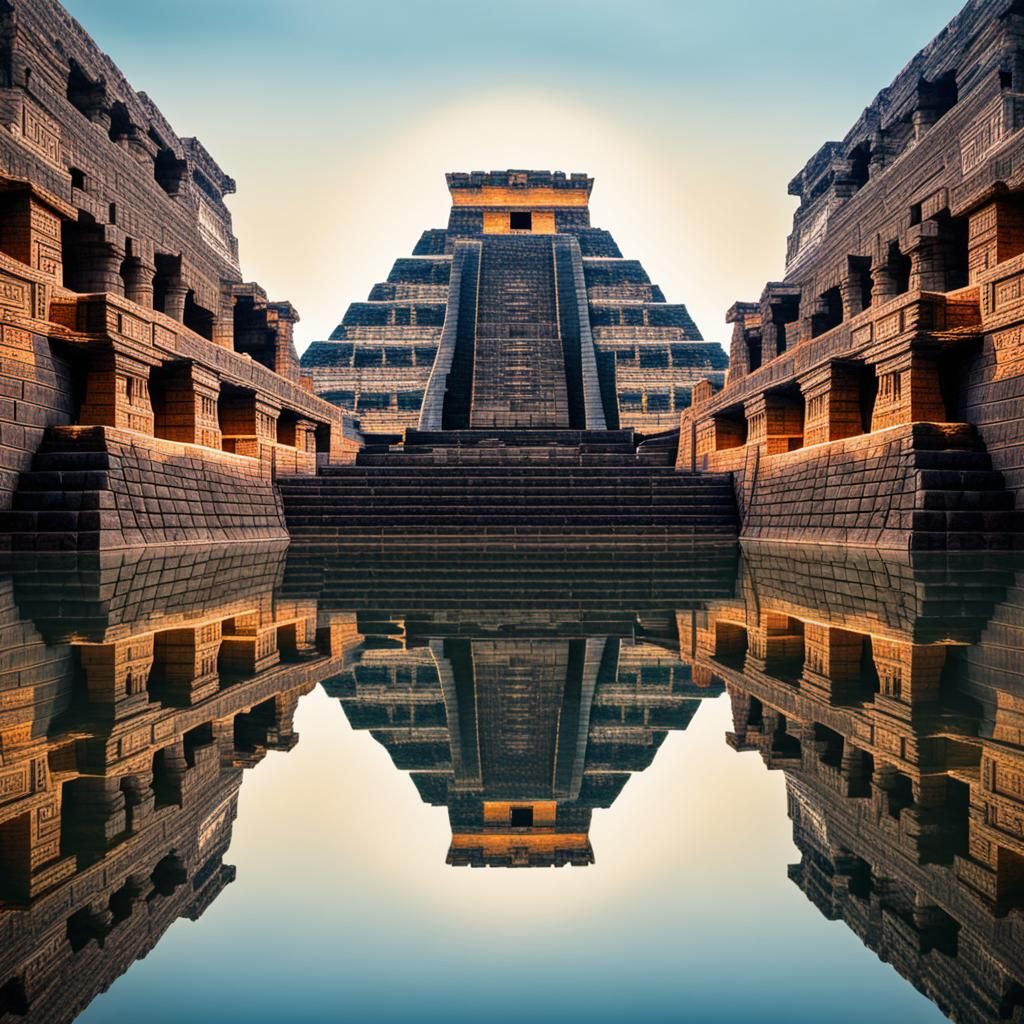 serene Aztec City landscape reflected in still water, light,...