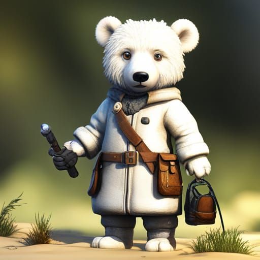 adorable white bear adventurer dressed in a warm overcoat with survival ...