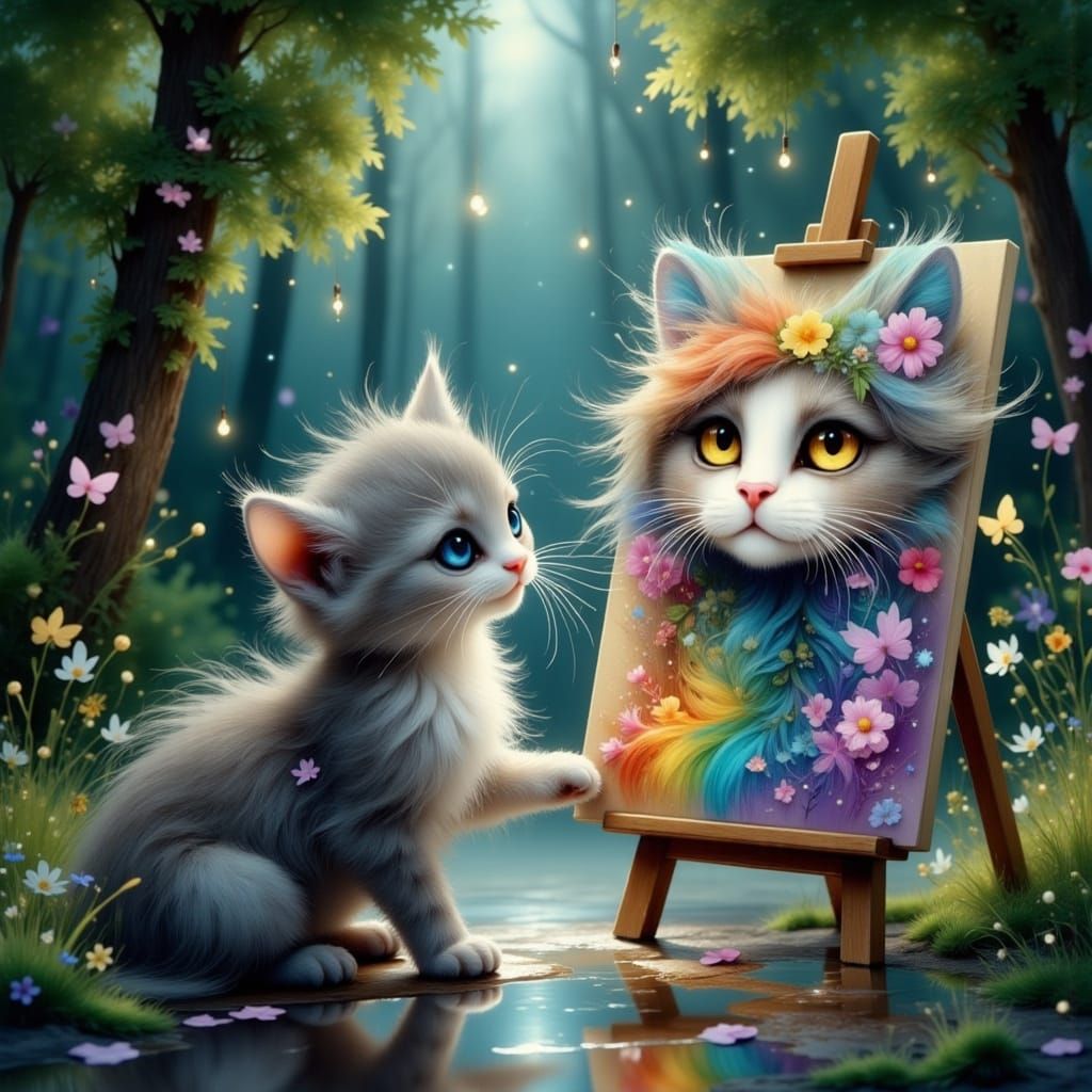 <lora:Fairy Lights:1.0> <lora:Flux - Painterly:1.0> Grey and white kitten painting self portrait in a fantasy setting ethereal fantasy hyper...