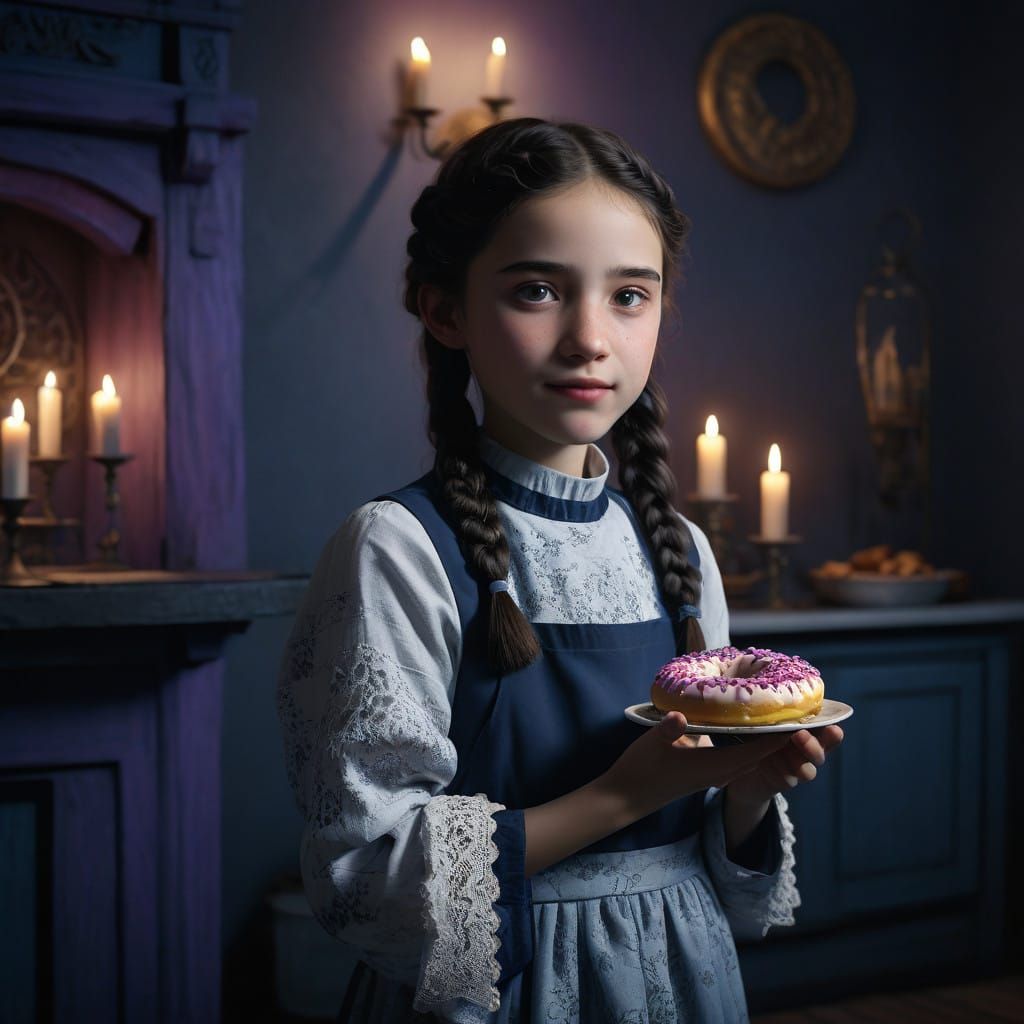 Whimsical Hanukkah Scene with Orthodox Girl and Vibrant Donu...