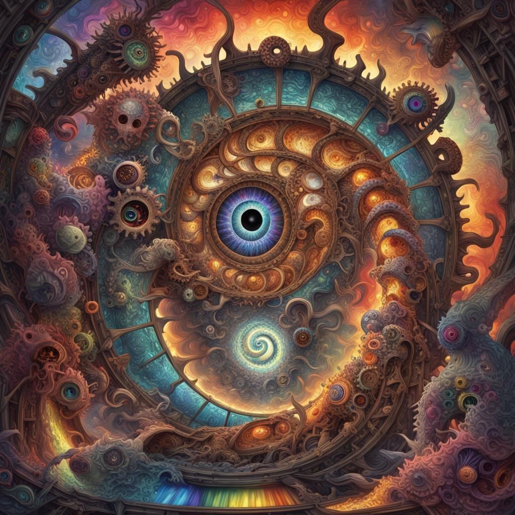 A hyper-realistic, surreal, and psychedelic scene of a cosmi...