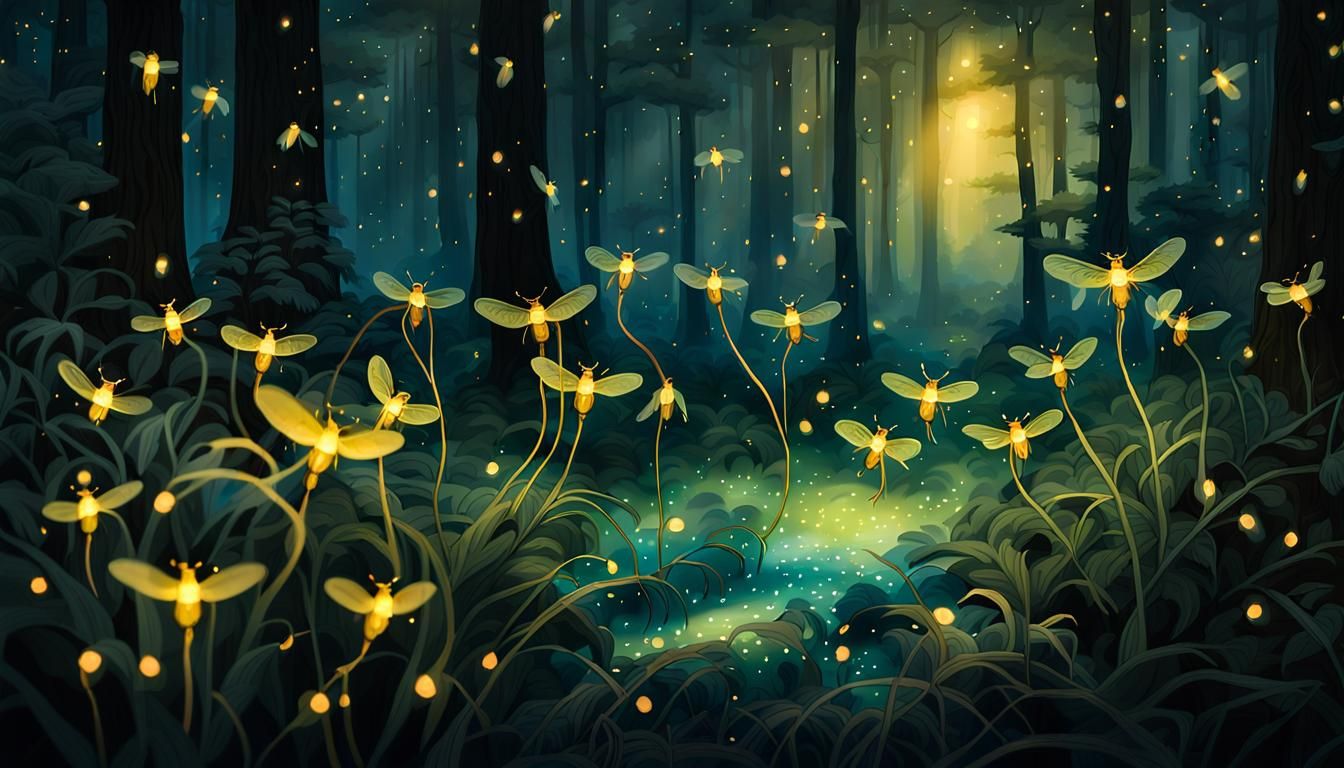 An enchanting photograph of tiny, bioluminescent creatures, ...