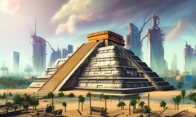 mayan pyramid made out of steel in a cyberpunk city detailed...