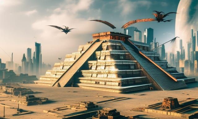 mayan pyramid made out of steel in a cyberpunk city detailed...