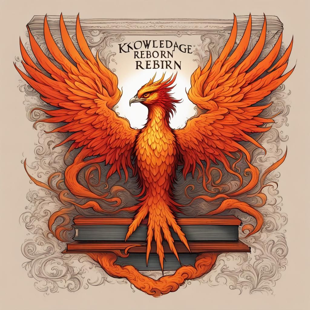 A t-shirt design featuring a majestic phoenix rising from a book, its fiery wings forming the words "Knowledge Reborn."