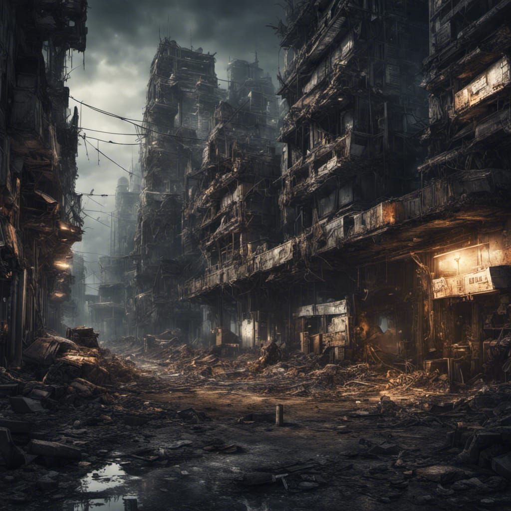 A post-apocalyptic futuristic city in ruins at nighttime - AI Generated ...