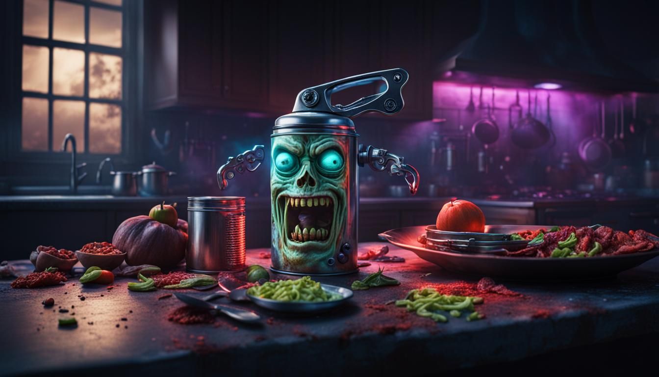 Horror theme of a surrealistic mischievous and eerie can ope...
