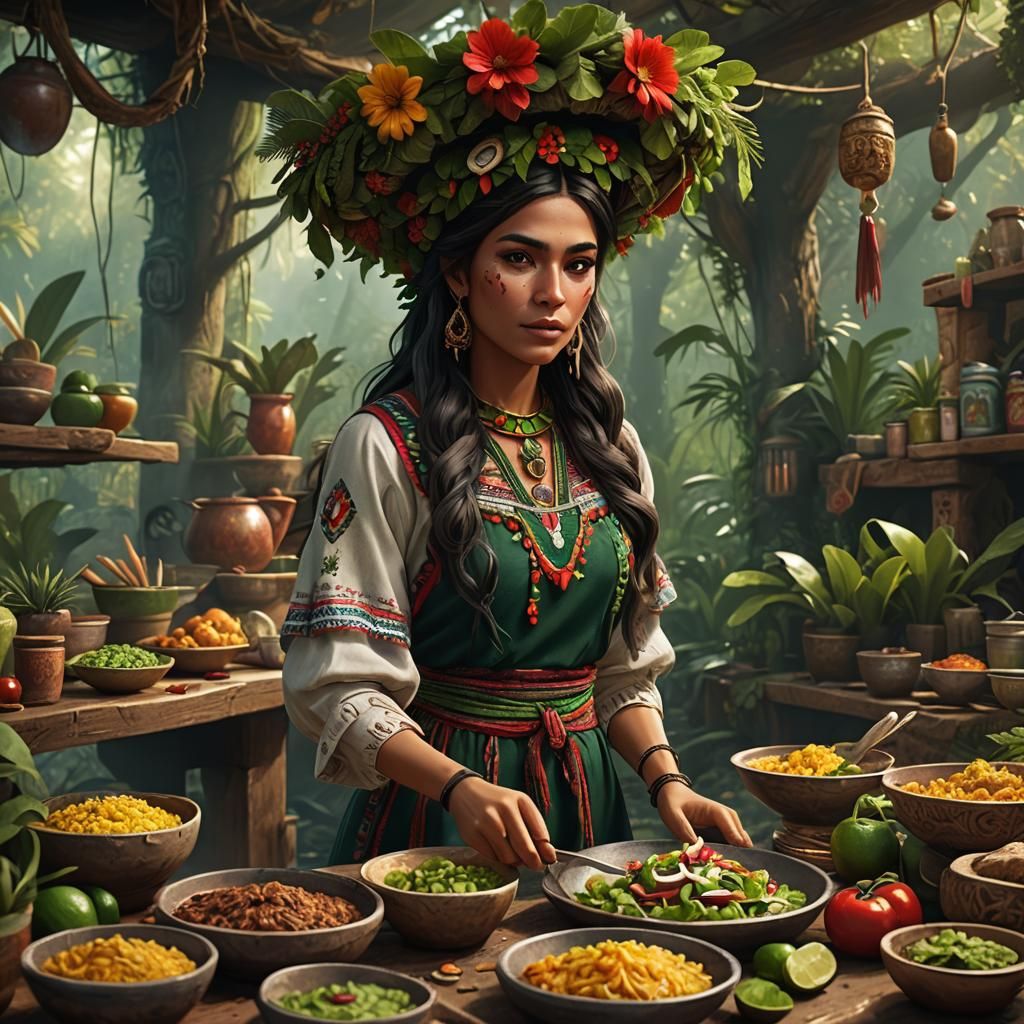 A mexican girl preparing mexican cuisine, in jungle cafe, long hairs wearing a wreath, Detailed face, ...  by @undefined