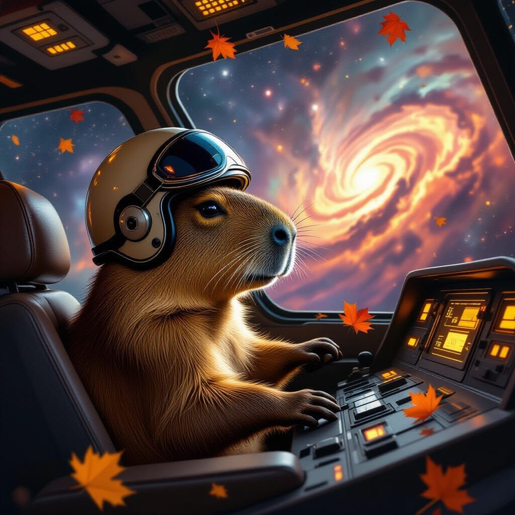 A lone capybara wearing a vintage aviator helmet, sitting in the cockpit of a retro spaceship overlooking ...  by @Voxinbain
