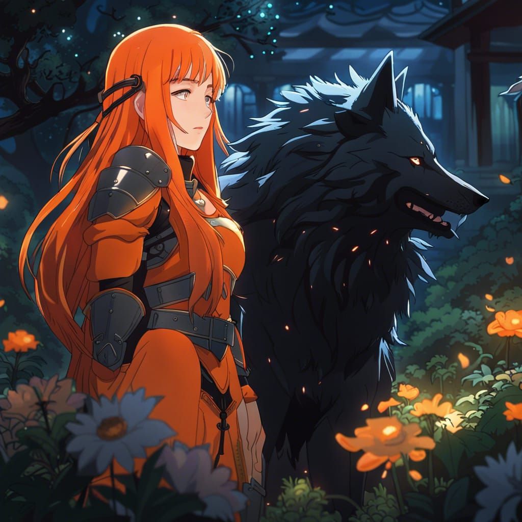 serious woman long bright orange hair fantasy saint in armor...