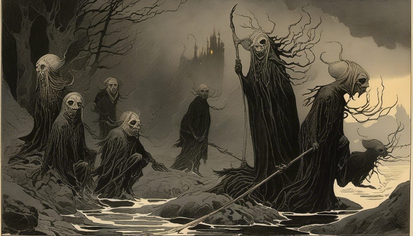 "The Crones". Ominous, Magical, Intricately Designed, Elegant, Scenic, Hyper-Detailed, Delicate; Complex, detailed storybook illustration by...