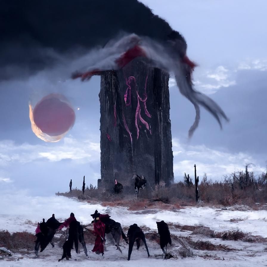 Eldritch Warlocks casting spells by a monolith in a wastelan...