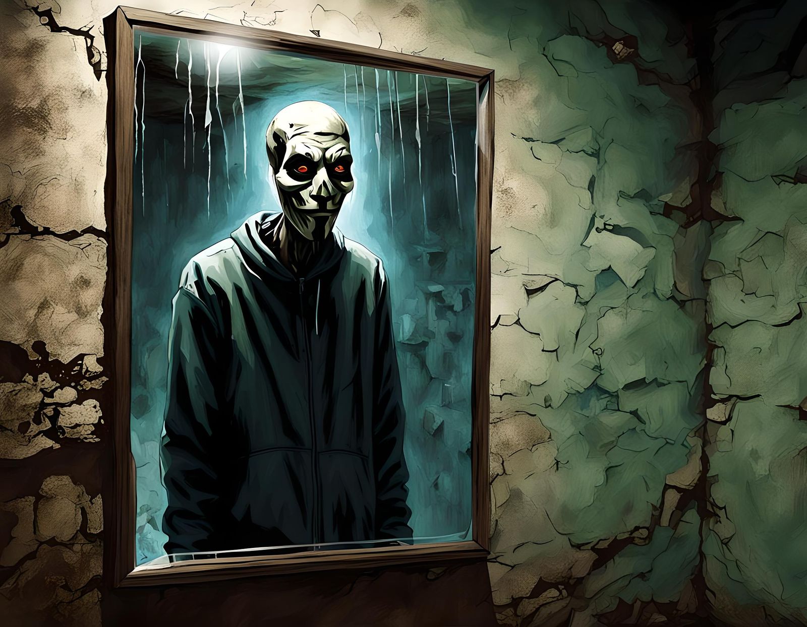Seeing his tormented self in a basement mirror