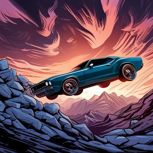 Stunt muscle car in a canyon