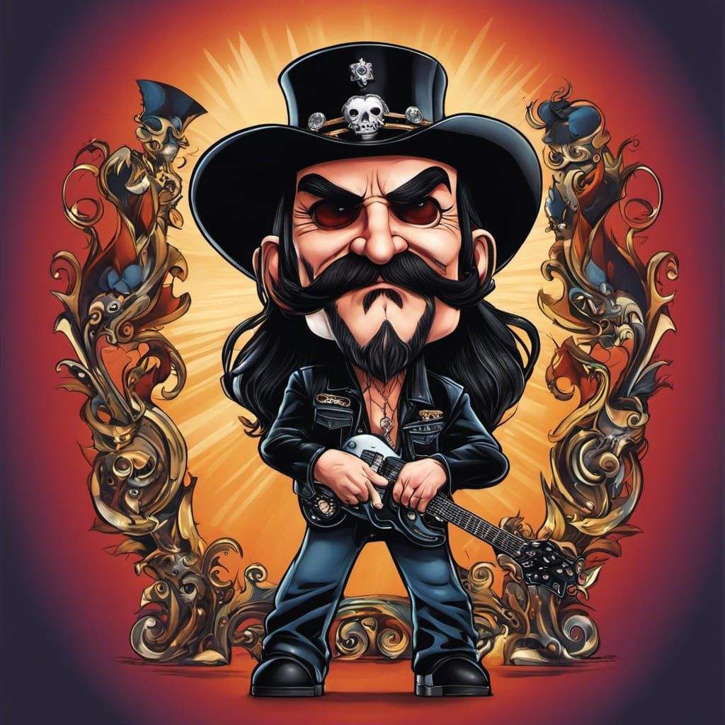 Extreme caricature chibi depiction of Lemmy Kilmister; characterized by ...