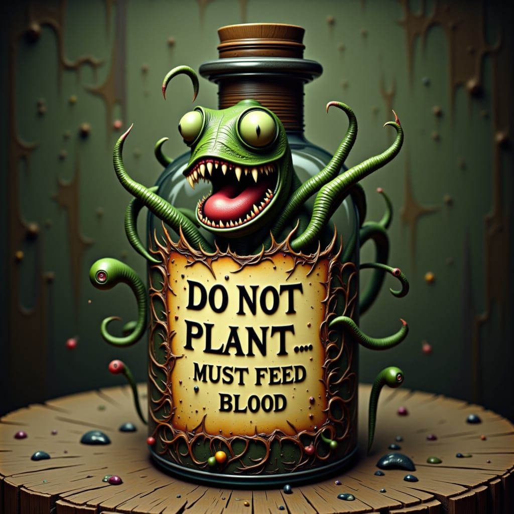 Piranha Plant inside a bottle that reads: "Do Not Plant... Must Feed Blood"
<lora:HodgePodge:1.0>