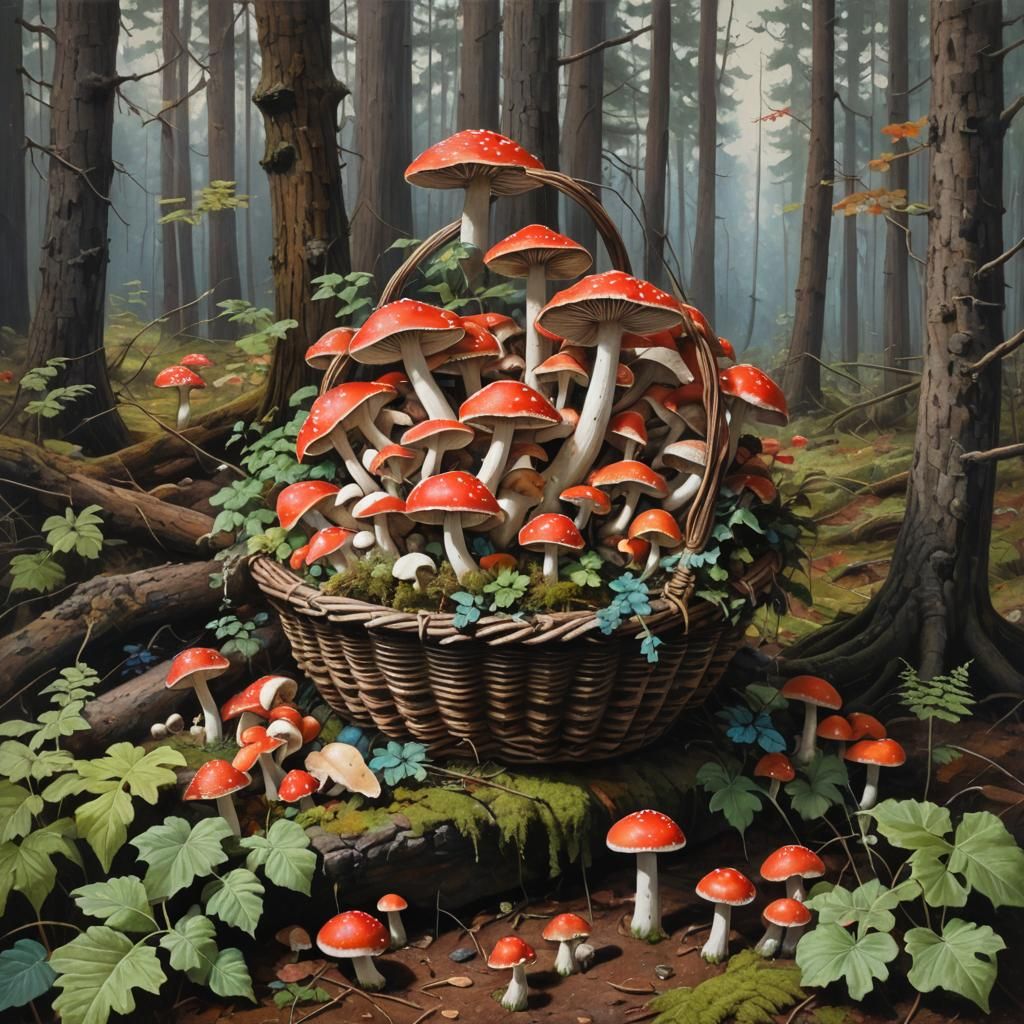 A basket full of gorgeous, looking mushrooms that are red an...