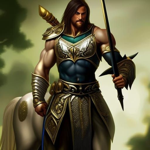 A white Centaur in the forest , photorealistic,  ornate gilded armour,  handsome, greek mythology,  , ...  by @Daniel Nightshade
