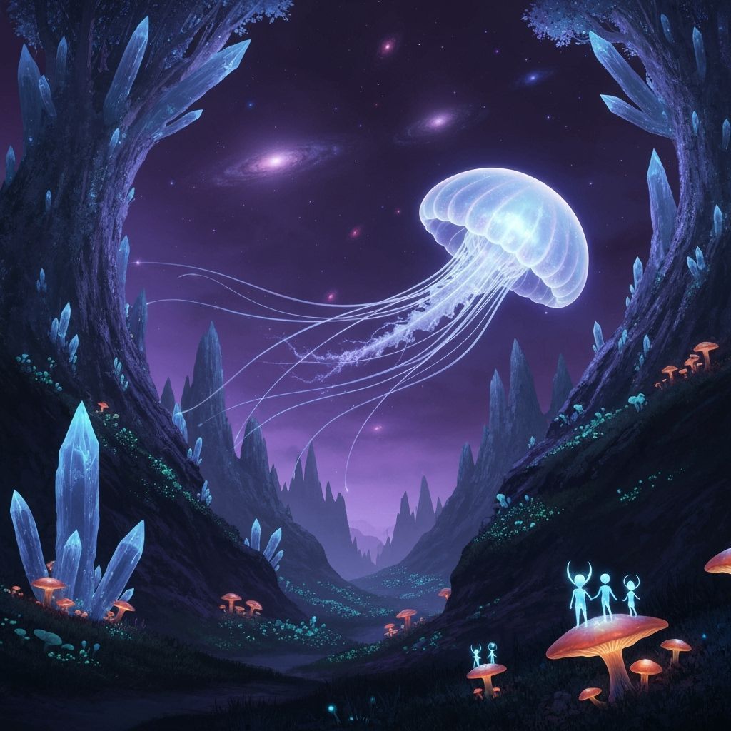 A breathtaking, high-fantasy scene where a colossal, glowing jellyfish-like creature, resembling a nebula, floats through the canyons of a b...