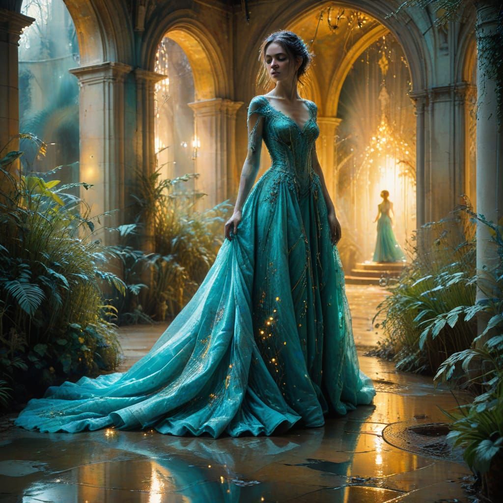 Lady in Misty Castle Courtyard, Watercolour Painting