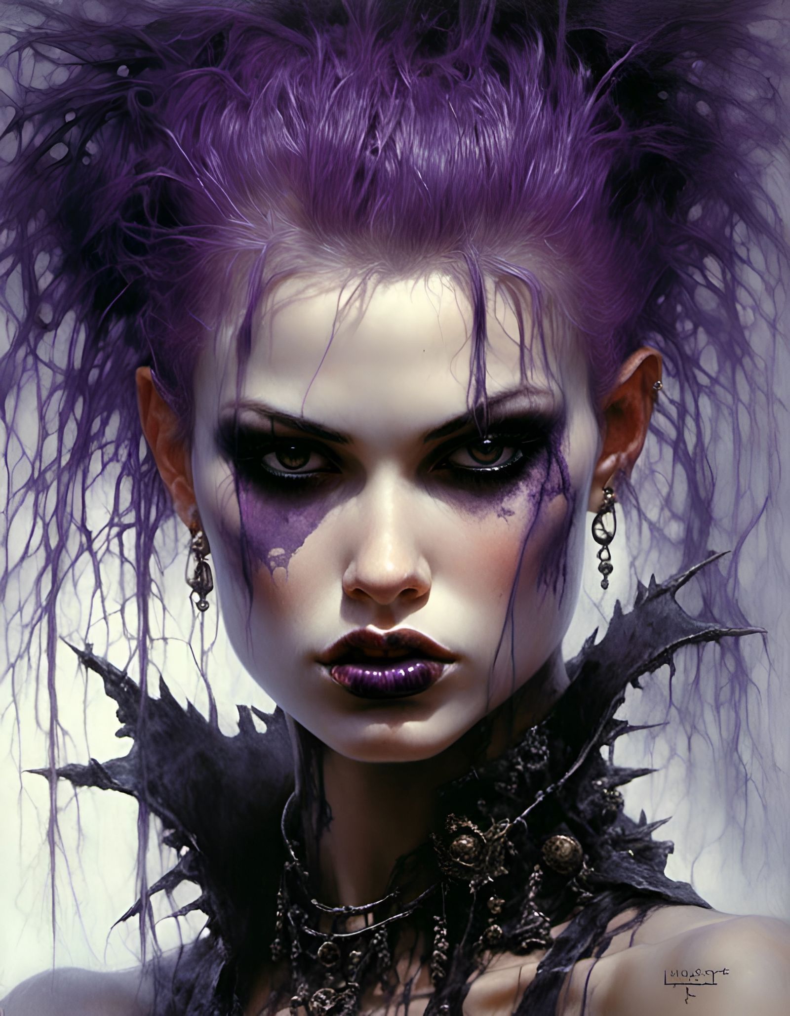 Half shaved punk purple hair portrait close up ! white eyes! black lips :: By Luis Royo, Frank Frazetta, Julie Bell, Nick Alm, Boris Valejo,...