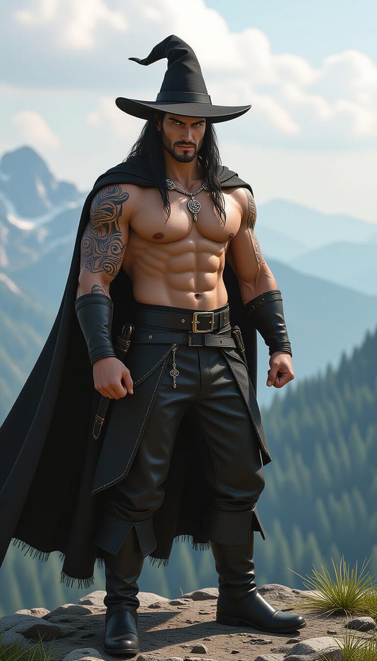 A 38-year-old male witch with a tall, handsome, and very muscular build, rounded pecs, thick arms with rounded biceps, and a trim waist. He ...