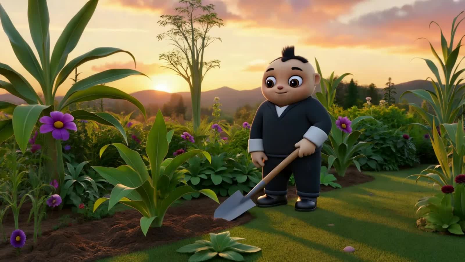 A solitary gnome meticulously tending to a vibrant, overgrown garden bathed in the warm glow of a setting sun. The scene...