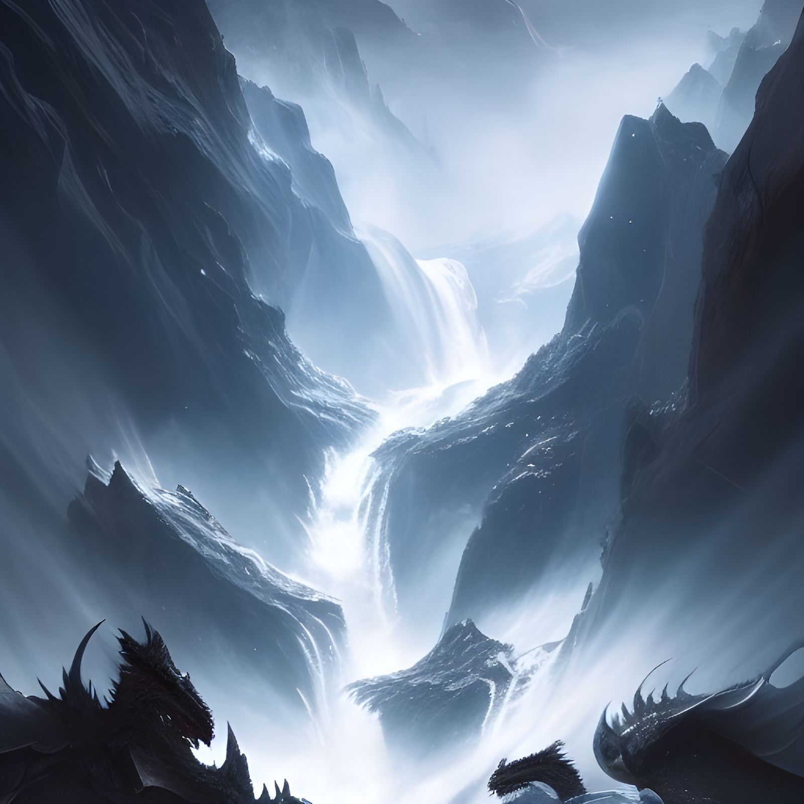 2 Dragons battle in front of a waterfall. The stars shine ar...