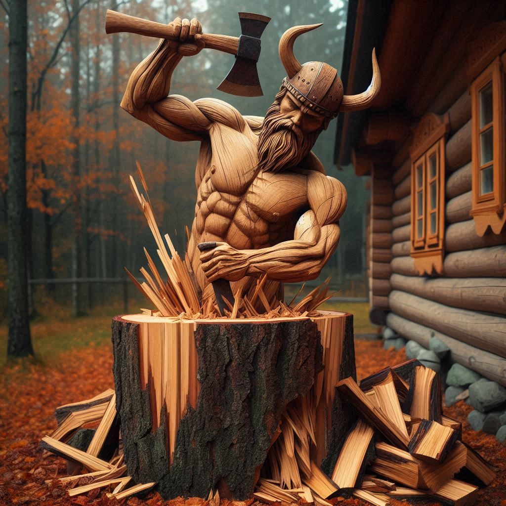 Viking log sculpture trying to chop own pedestal