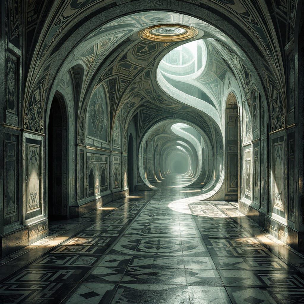 A disorienting hallway twisting mid-length as floor morphs into ceiling, defying gravity in Escher-inspired surrealism, bathed in eerie cont...