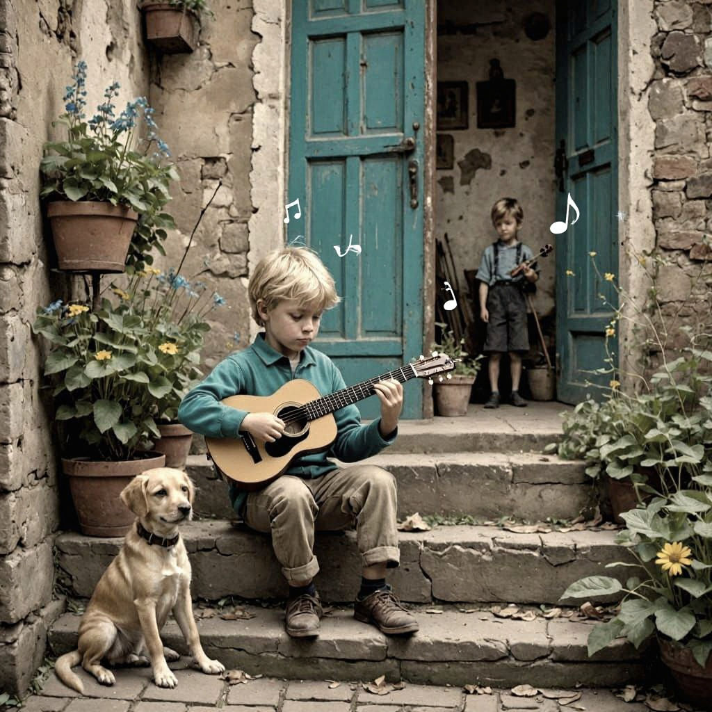 A small blond boy sits on stone steps playing the violin, musical notes in the air, behind him a rusty door with turquoise bars, wild vegeta...