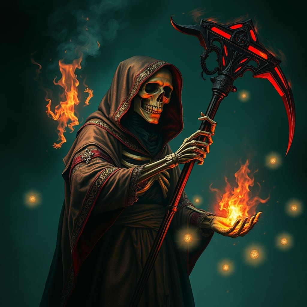 A boany skeleton in a hooded robe 