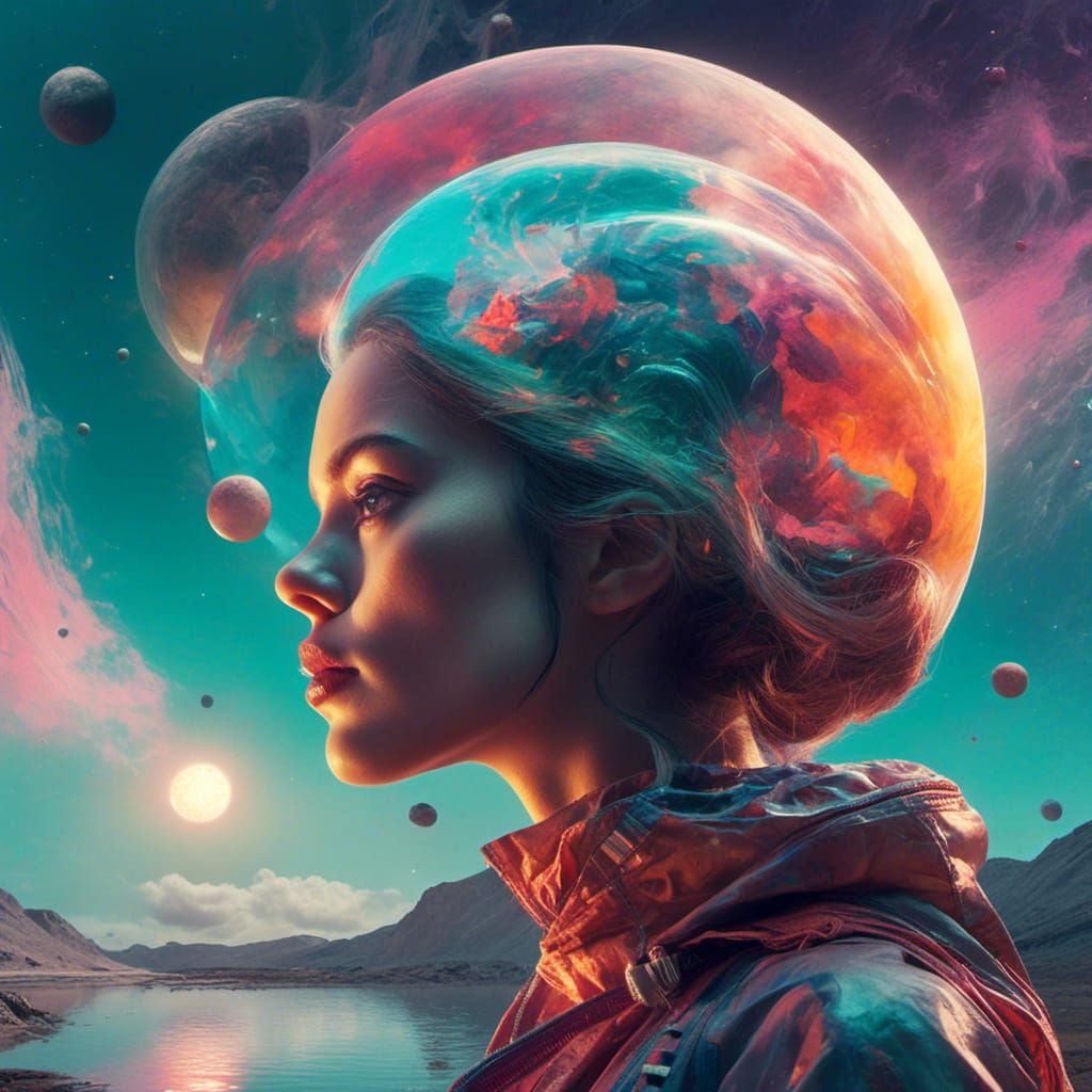 <lora:Candy Cosmos XL:0.7>
Candy sci-fi art:
Double exposure. Side profile portrait of a beautiful woman. a colorful alien planet with huge...