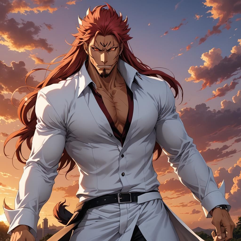 (Arrancar with long thick red hair, unbuttoned shirt), lean build, predatory gaze, lion-like features, surrounded by a sunset aura, in the s...