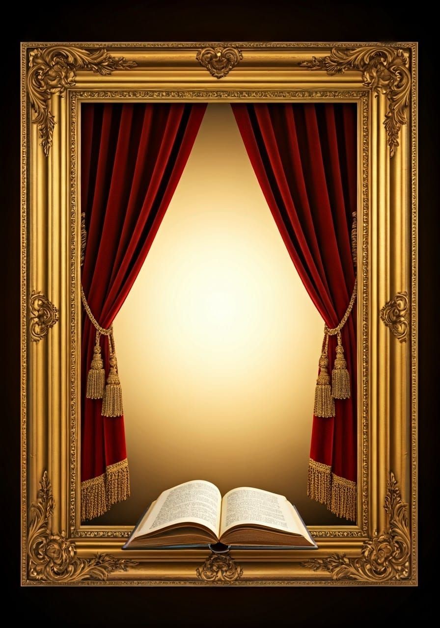 Ornate Baroque Frame with Velvet Curtain and Open Book