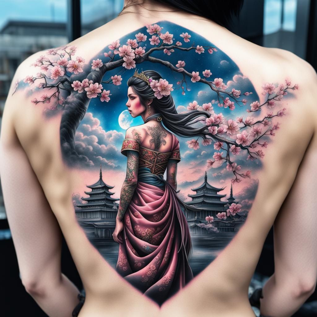 Pretty Cherry Blossom Princess With Beautiful Skyscape Back Tattoo intricate details, HDR, beautifully ...  by @Inner Peace