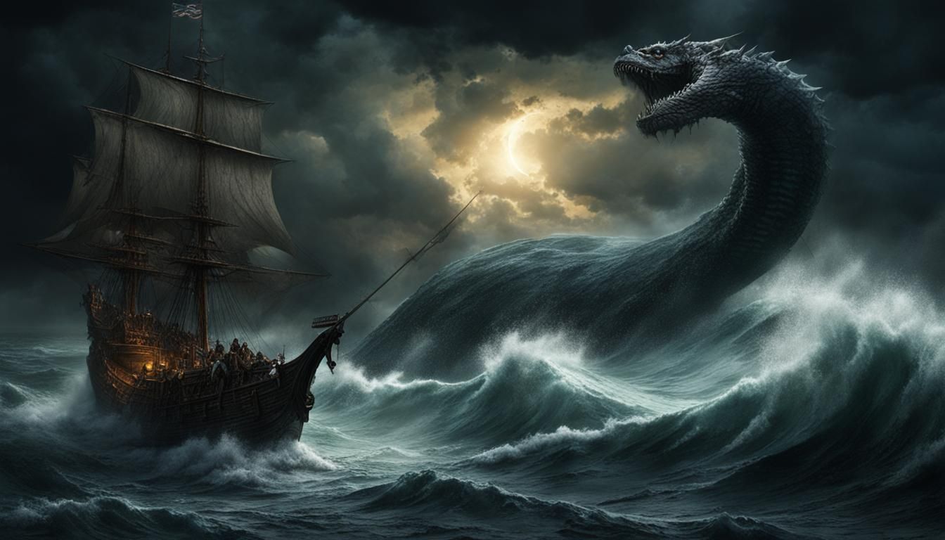 one medieval galeon sails in the black darkness of the rainstorm, no lights, a colosal wave it's behind ...  by @El fogon del Bardo