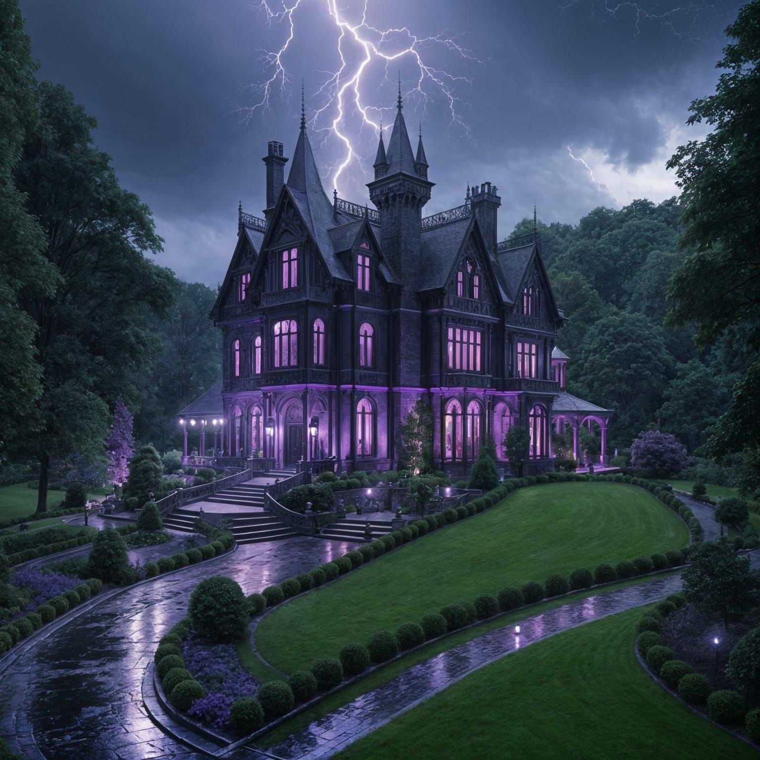 Combine the woman standing infront of the mansion in the moonlight - Start Image 2