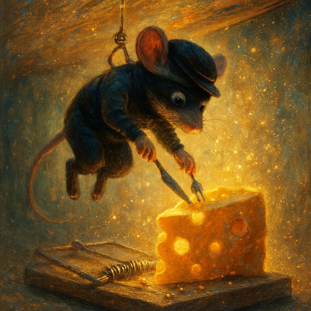 A clever mouse in black burglar clothes and hat is hanging from a table ledge on a string over the big ...  by @Shelby