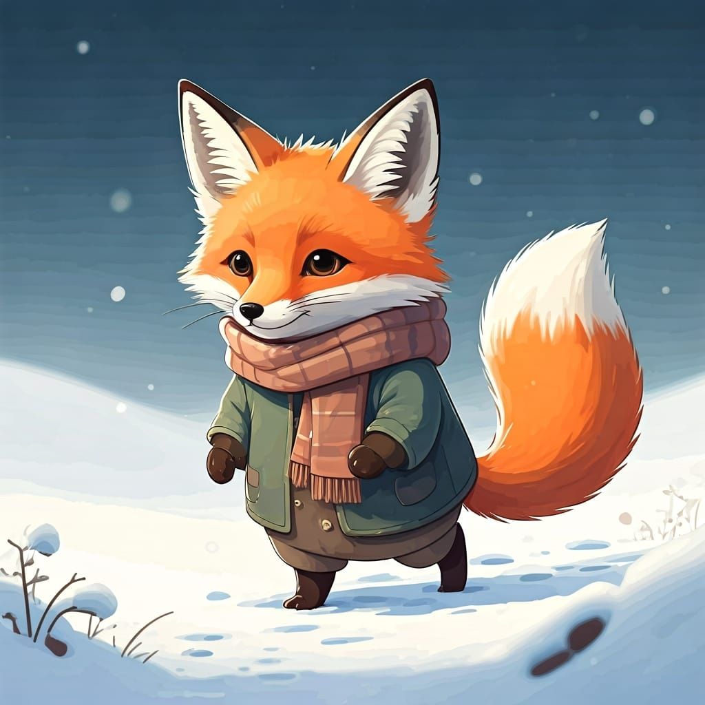 Fox in Winter Forest, Anime Style