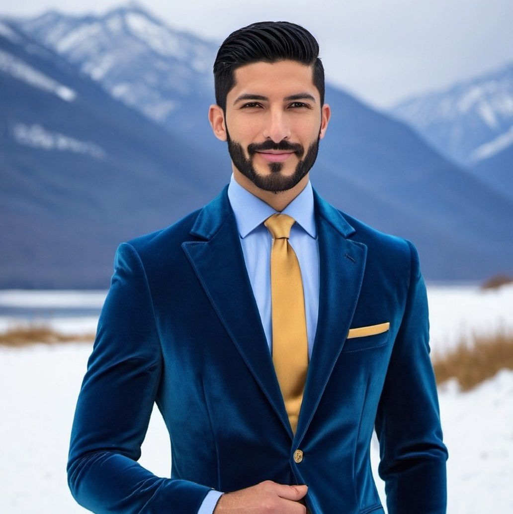 A handsome young man wearing a blue velvet suit with shirt a...