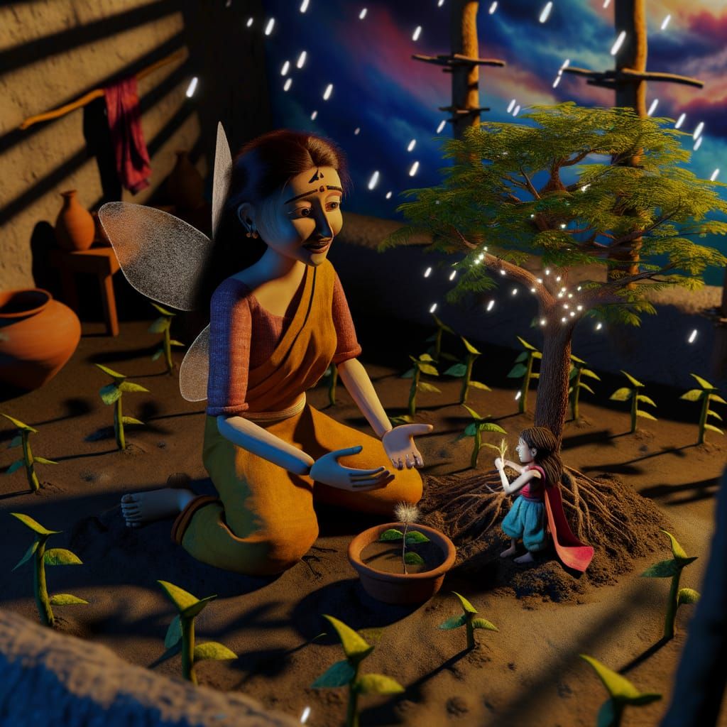 Girl, Fairy, and Tree in Hyper-Realistic Style